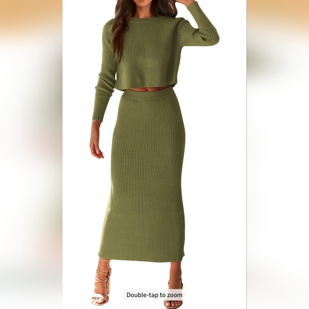 Set: Olive Green Ribbed Knit Skirt and Sweater Women's Medium